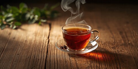 Glass cup of tea placed on wooden surface, highlighting nutritious drink options