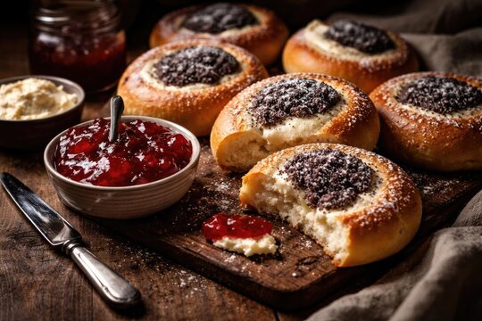 Fresh kolache dough filled with cream cheese and poppy seeds served with jam spread