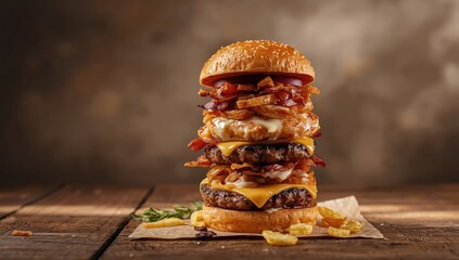 Stacked burger featuring grilled chicken, Angus beef, cheese, bacon, and onion rings, highlighting hearty meal construction