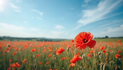 Red poppy field scene, natural landscape emphasizing wildflower growth