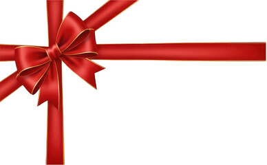 Red ribbon bow with gold trim, isolated on transparent background