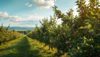 Summer scene of an orchard with blossoming apple trees, suitable as a natural backdrop for agricultural layouts