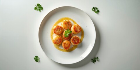 Fried scallops with sauce served on a white surface, highlighting seafood dish presentation