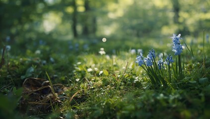 Blue spring flowers clustered together, natural flower arrangement for landscape beautification