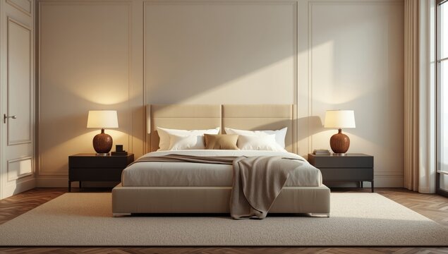 Contemporary double bed featuring an upholstered headboard and two bedside lamps, bedroom setup