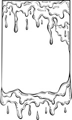 Abstract rectangular melted frame. Dripping liquid, slime. Halloween surreal horror style. Chocolate or paint design. Vector illustration in hand drawn sketch doodle style. Line art isolated on white