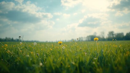 Obraz premium Open field featuring lush grass and blooming dandelions, ideal for nature-themed design or editorial use, Earth Day