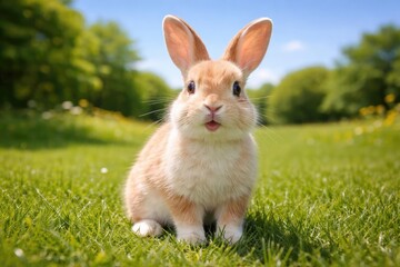 Obraz premium Playful rabbit pet captured in full length view on vibrant summer lawn under clear skies