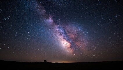 Long-exposure shot of the Milky Way showcasing vivid purple and blue colors of celestial objects, highlighting astrophotography techniques