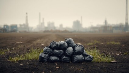 Construction debris stored in bags, highlighting environmental pollution and site cleanup efforts