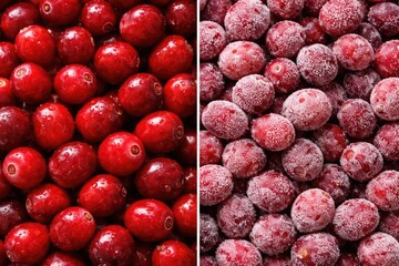 Fresh ripe red cranberries and quick frozen wild red cranberries side by side