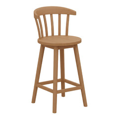 Tall wooden kitchen bar stool with rounded seat and spindle backrest isolated object for interior design and furnishing concepts