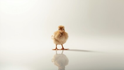 Young brown chick on shiny white surface, highlighting early life stage and hatchery environment
