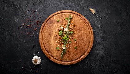 Flat lay of a wooden round board featuring herbs and spices, ideal for culinary styling or menu presentation, International Day of Awareness of Food Loss and Waste