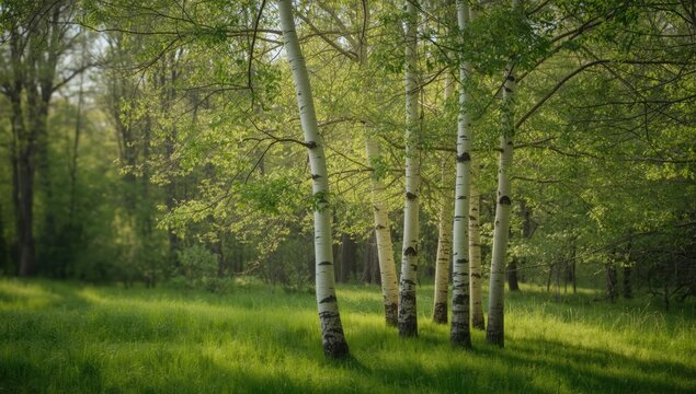White birch trees within a forest scene highlighting seasonal foliage variation, summer