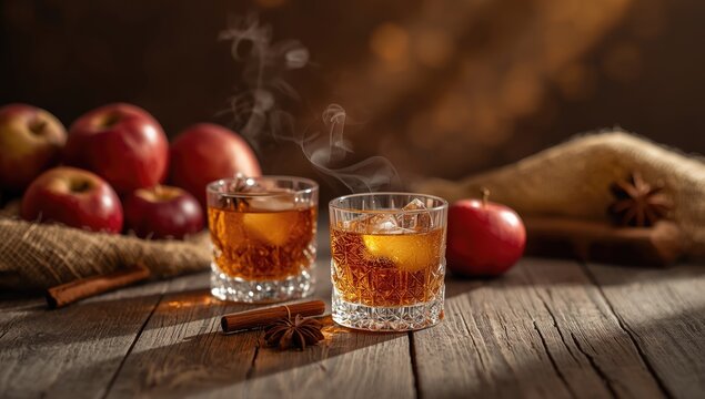 Two schnapps drinks and red apples arranged on a rustic surface, highlighting drink presentation and fruit display