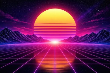 Retro futuristic scenery background with digital sunset colors
