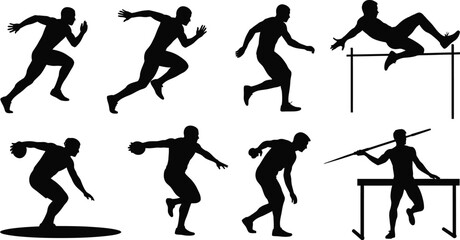 Athletic figures in dynamic poses showcasing various sports on transparent background silhouette