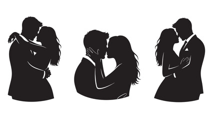 Silhouette couple embracing in romantic affectionate poses isolated