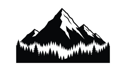 A striking black and white illustration of a mountain range with coniferous forest © MdSamsuzzaman