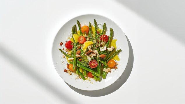 Healthy vegetable dish featuring fresh asparagus on a plain white backdrop, ideal for food presentation