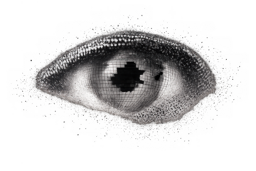 Human eye turning into a disco ball with grid texture, capturing a surreal vision and abstract concept, transparent