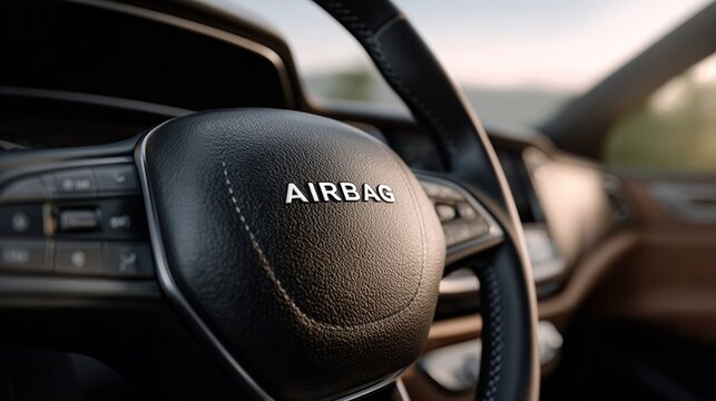A close up of a steering wheel with the word "airbag" on it. Concept of safety and security, as the airbag is a crucial safety feature in a car