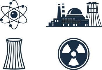 Nuclear energy icons with atom power plant and warning symbol on transparent background silhouette