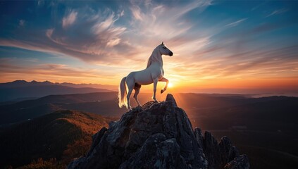 Majestic white unicorn atop rugged mountain range, showcasing mythical elegance and power, Earth Day