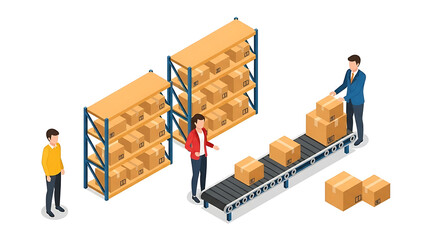Efficient warehouse logistics illustration with staff managing inventory on shelves and a conveyor belt, showcasing modern packaging and distribution operations