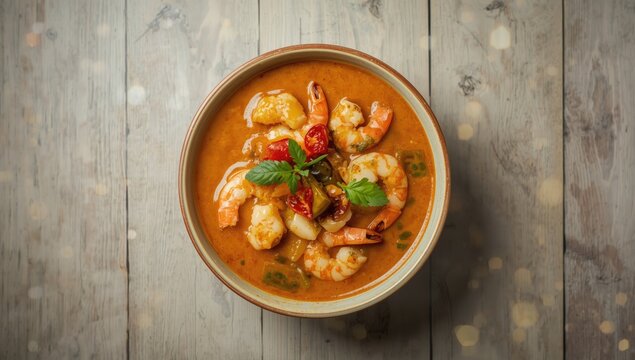 Top view of shrimp soup in Peruvian dish, ingredient quality and culinary process