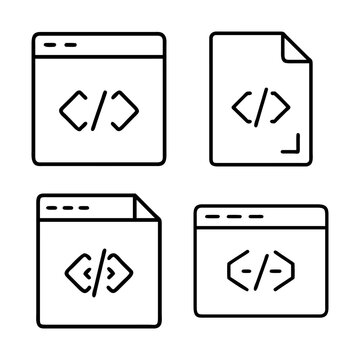 Software development and coding illustration, icons representing file, window, programming code