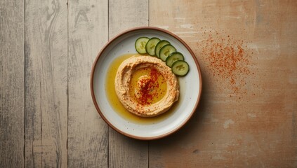 Chickpea hummus served with olive oil and sliced cucumbers on a ceramic plate, emphasizing plant-based protein choices for World Vegetarian Day