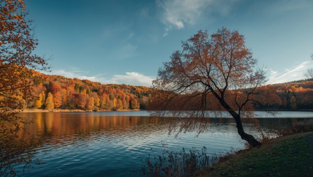 Colorful fall scenery featuring a lake, trees, and forest highlighting seasonal transformation