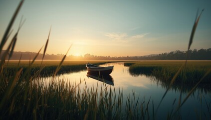 Obraz premium Small fishing boat with rushes on the canal de la robine in the ponds near Narbonne at sunset, highlighting ecological preservation