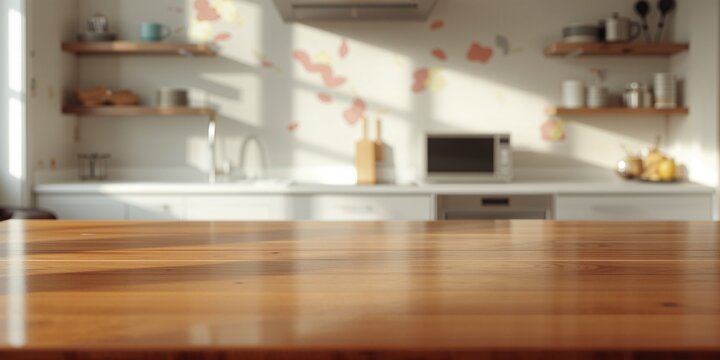 Minimalist kitchen with wooden island and sleek white countertop, emphasizing space utilization and cleanliness, no holiday