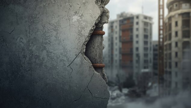 Damaged concrete with rusted metal reinforcement, highlighting structural deterioration and inspection needs