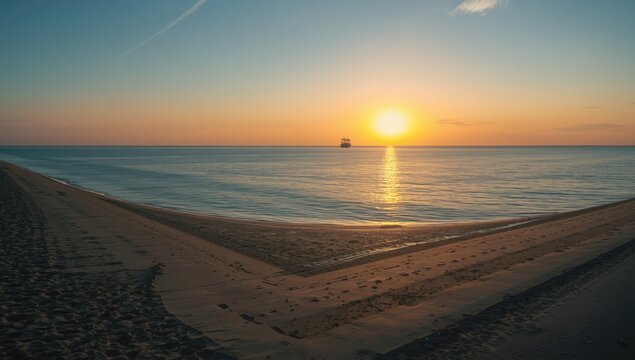 Morning scene with ocean horizon, distant vessel, and airplane contrail, suitable for editorial header backgrounds