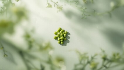 Flat lay of green peas spread across a wallpaper background, ideal for layout design