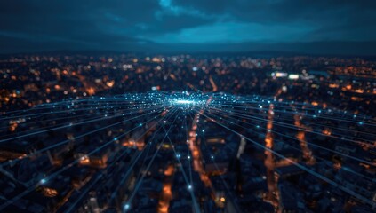 Urban network map with communication lines illuminated against a nighttime city background, focusing on connectivity