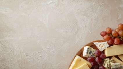 Cheeses and grapes arranged on textured surface, suitable for food styling and editorial backgrounds