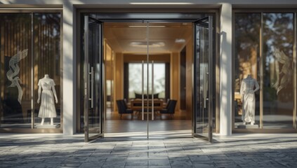 Glass door entrance showing both open and closed leaves with metal handles, emphasizing building entry security and style