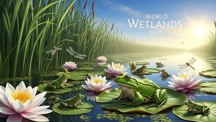 Beautiful serene wetland scene with water lilies and dragonflies on world wetlands day