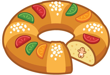 Rosca de Reyes cartoon illustration, displayed on a stock vector upload platform. The ring-shaped cake is decorated with candied fruits and a hidden baby figurine.