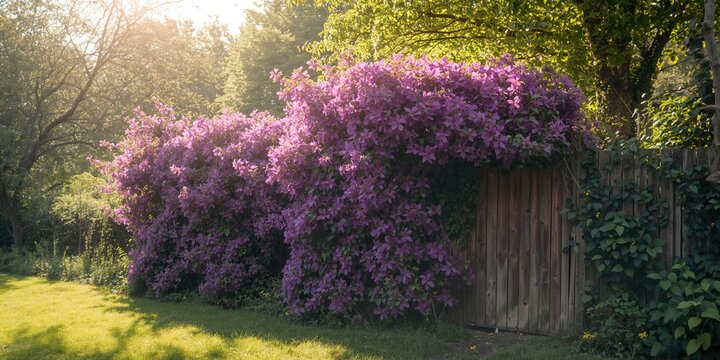 Purple clematis blossoms covering a trellis in bright summer light, emphasizing floral abundance