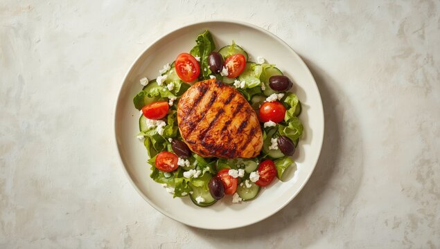 Roasted chicken breast with olives, feta, and greens on white plate, top view, emphasizing a ketogenic diet, World Nutrition Day