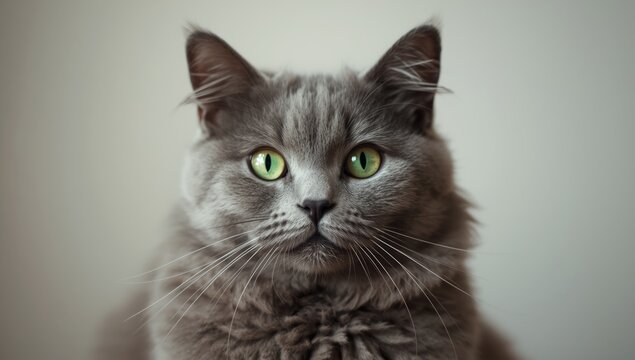 Gray domestic cats head shot focusing on fur texture and eye expression, animal care awareness