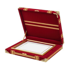 Open red velvet certificate box with empty golden bordered inlay case