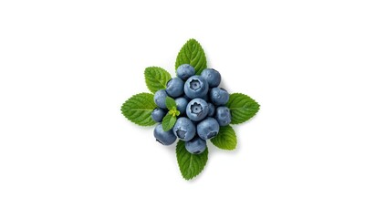 Blueberries with green leaves, ideal for natural food textures or layout design