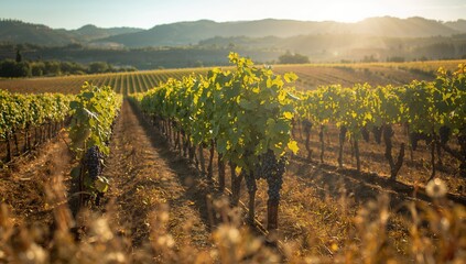 Vineyard with grape clusters ready for harvest, highlighting farming practices and crop maturity